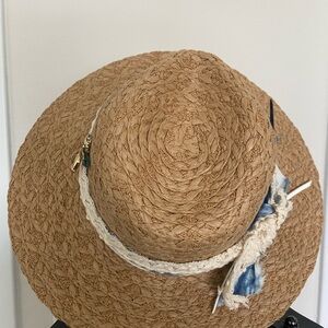 Stylish Tan Straw Hat with Blue and White Accents